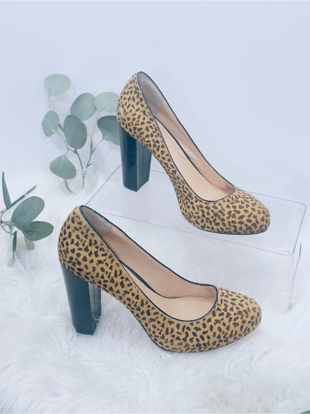 Sole Society Genuine Calf Hair Leopard Print Tan and Black Block Heel Pumps